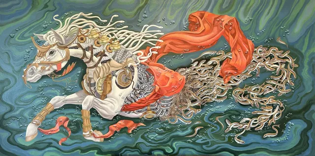 Kelpie II, surrealist oil painting of a mechanical water horse from the Fantasia collection